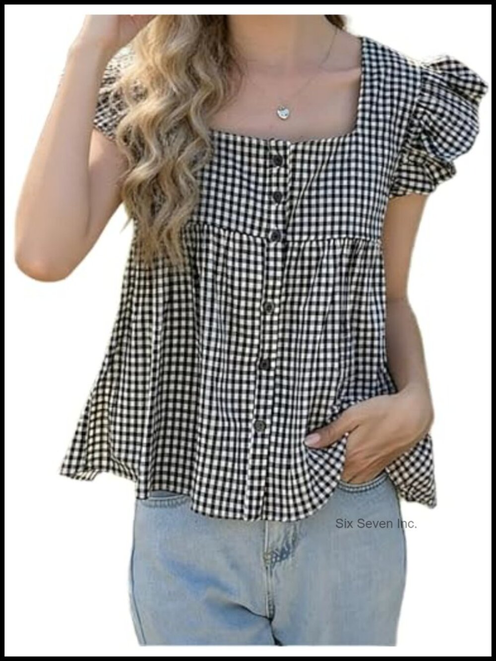 Gingham Peplum Tank Top Square Neck Ruffle Button Front Babydoll Shirt